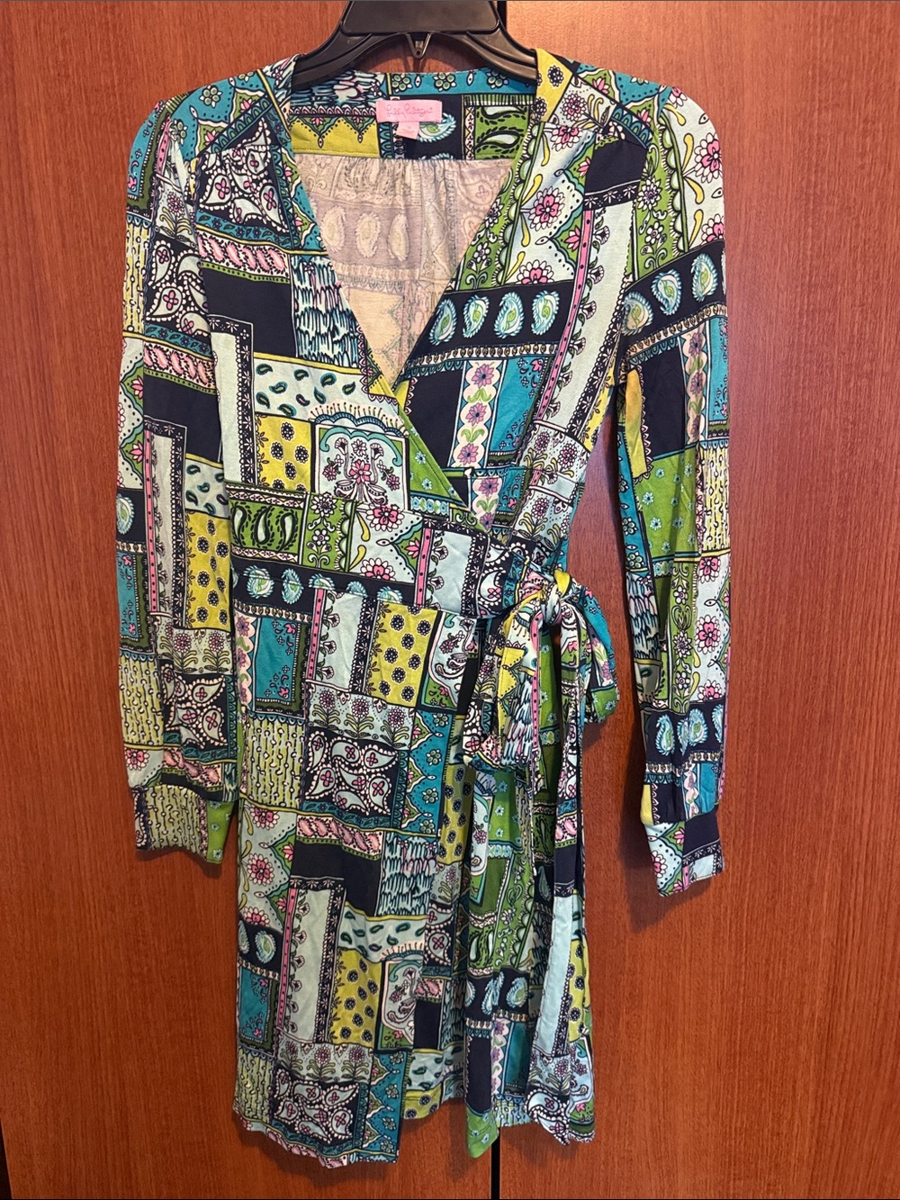 Lilly Pulitzer 2000s 100% Silk Patchwork Multicolor Paisley Print Wrap Dress